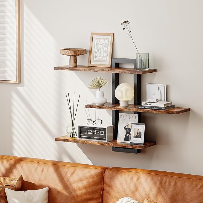 Homode Floating Shelves for Wall, Wood Wall Shelves for Bathroom, 3 Tier Shelves for Wall Decor, Decorative Hanging Storage Shelf for Bedroom Kitchen Living Room, Rustic Brown and Black