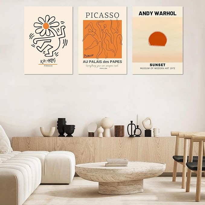 Abstract Wall Art Set of 3, Large Framed Canvas Wall Art Geometric Line Sunset Artwork Painting, Minimalist Wall Art for Living Room, 16"x24" Modern Wall Art Decor for Bedroom, Bathroom, Hotel, Office
