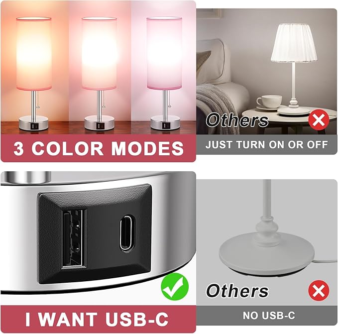 Hong-in Pink Bedside Lamp for Bedroom-Nightstand Lamps with 3 Color Modes with USB-C+A Charging Ports, 3000/4000/5000k Bedroom Lights by Pull Chain