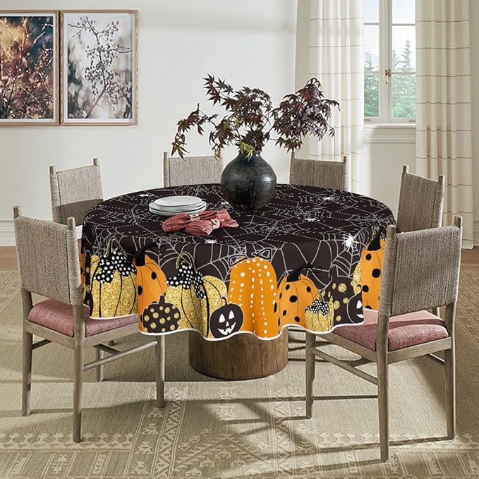 Horaldaily Halloween Tablecloth 60x60 Inch Round, Jack-O-Lantern Pumpkin Cobweb Scary Themed Black Washable Table Cover for Party Picnic Dinner Decor