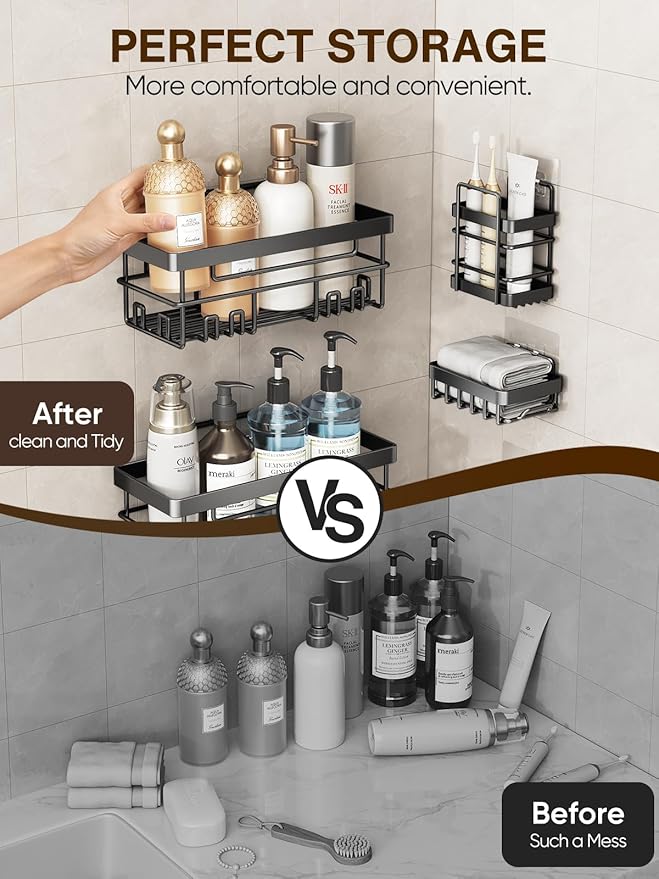 Cobbe Adhesive Shower Caddy 5-Pack, Large Wall Mounted Shower Shelves Rack, Organizer Storage Accessories with Soap Dish&Toothbrush Holder, Shelves for Bathroom Storage & Home Kitchen Decor, Black