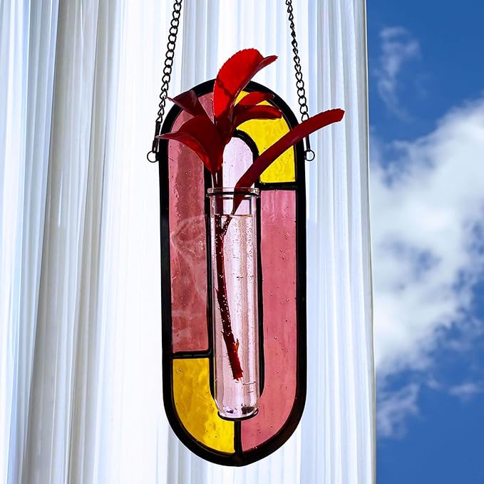 LITMIND Multi-Color Stained Glass Propagation Station - Handcrafted Translucent Suncatcher Planter with 2 Tubes, Hanging Hydroponic Décor for Windows & Garden