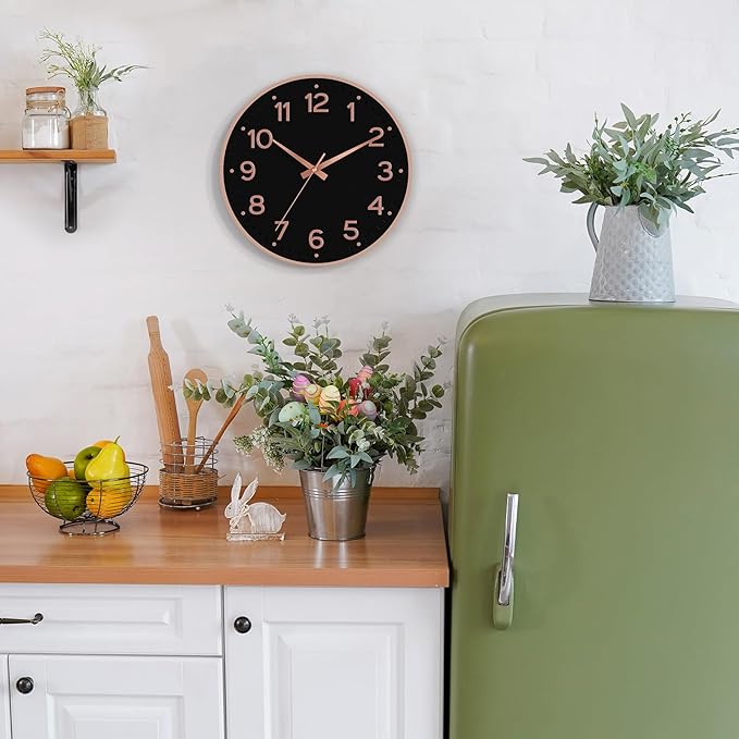 Wall Clock, Silent Wall Clocks Battery Operated 8 Inch-Modern Non Ticking Analog Clock Decorative for Kitchen Office Bathroom Bedroom(Black Rose Gold)