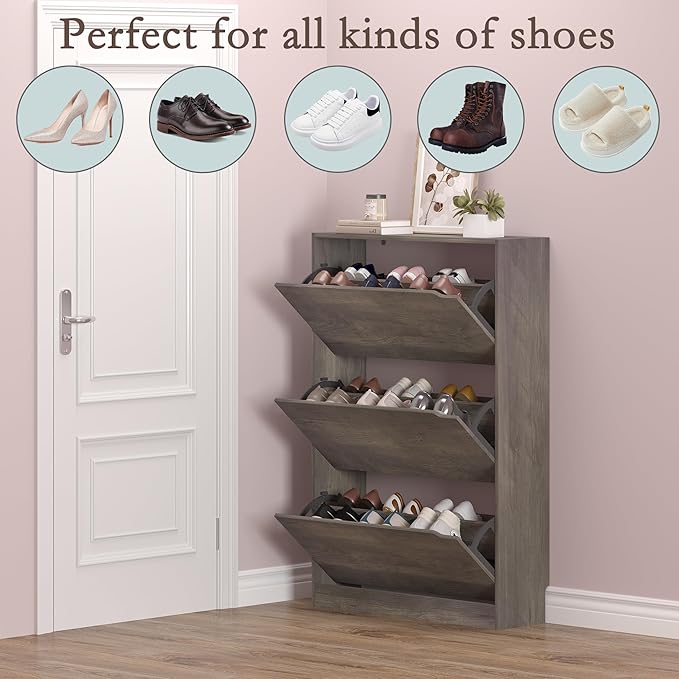 Shoe Cabinet with 3 Flip Drawers, Hidden Wood Shoe Cabinet,Freestanding Shoe Storage Cabinet for Entryway Hallway