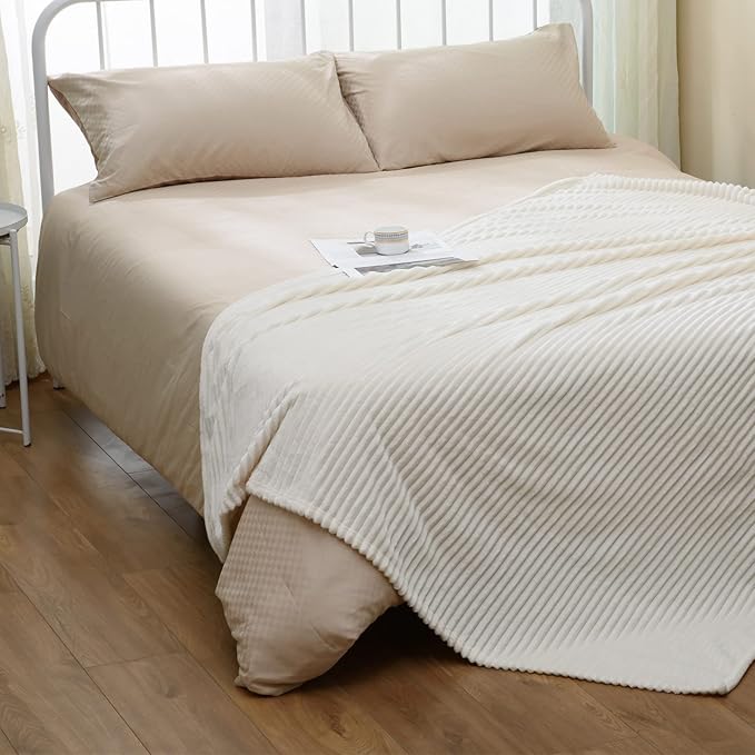 Vessia Flannel Fleece Throw Blanket for Couch,Sofa,Bed, 300GSM Microfiber Cream Striped Chair Blanket for Adults and Kids, Super Soft Warm Cozy Lightweight Ivory Ribbed Throw for All-Season