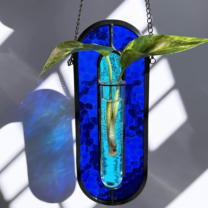 LITMIND Transparent Blue Stained Glass Propagation Station - Handcrafted Suncatcher Hanging Planter with 2 Glass Tubes, Multi-Color Hydroponic Wall Décor for Windows, Home & Garden