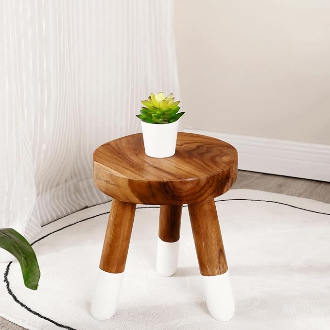 Teak 12" Round Dip Dyed Wood Plant Stand Wood Accent Stool |Accent Table |Side Table