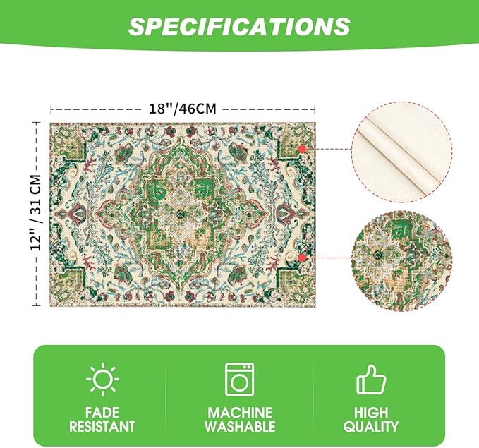 Artoid Mode Boho Placemats Set of 4, Daily Green Floral Bohemian Fall Table Mats for Home Party Dining Decoration 12x18 Inch