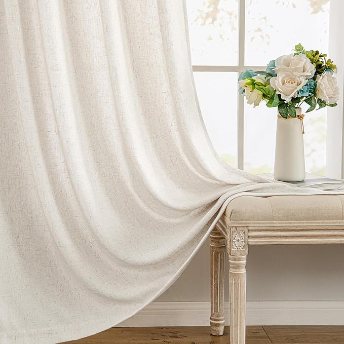 MIULEE Non-See-Through Privacy Linen Curtains 2 Panels, Light Filtering Window Curtains Farmhouse Textured Back Tab Semi Sheer Drapes for Bedroom Living Room, 52 x 96 Inches Long, Natural White