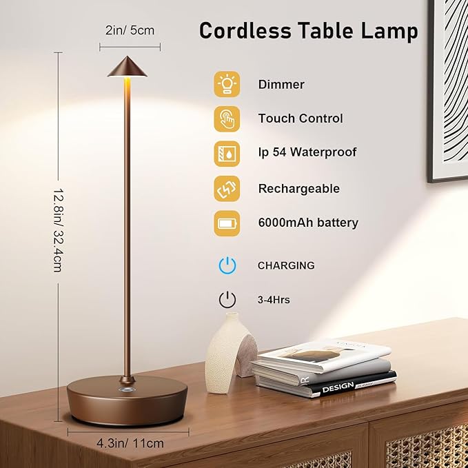 Set of 2 Rechargeable Cordless Table Lamp,6000mAh LED Battery Operated Desk Lamp Touch 3 Color Dimming Portable Outdoor Waterproof Table Light for Patio/Restaurant/Dining/Home (Coffee)