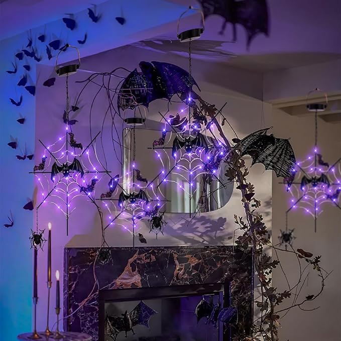 ILLUMINEW Solar Halloween Metal Hanging Decorations Outdoor, LED Lighted Metal Web with Spider for Halloween Outdoor Tree, Wall, Porch, Patio Decor (Web)