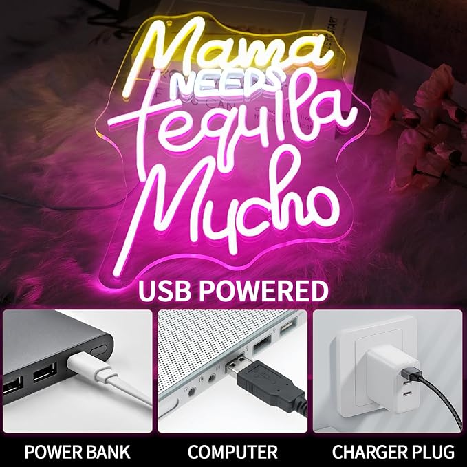 Mama Needs Tequila Mucho Neon Sign for Wall Decor Dimmable Led Lights Signs Letters LED Neon Signs for Pub Yellow Neon Light Pink Room Decor for Club Bistro Home Bar Party Decoration Gift
