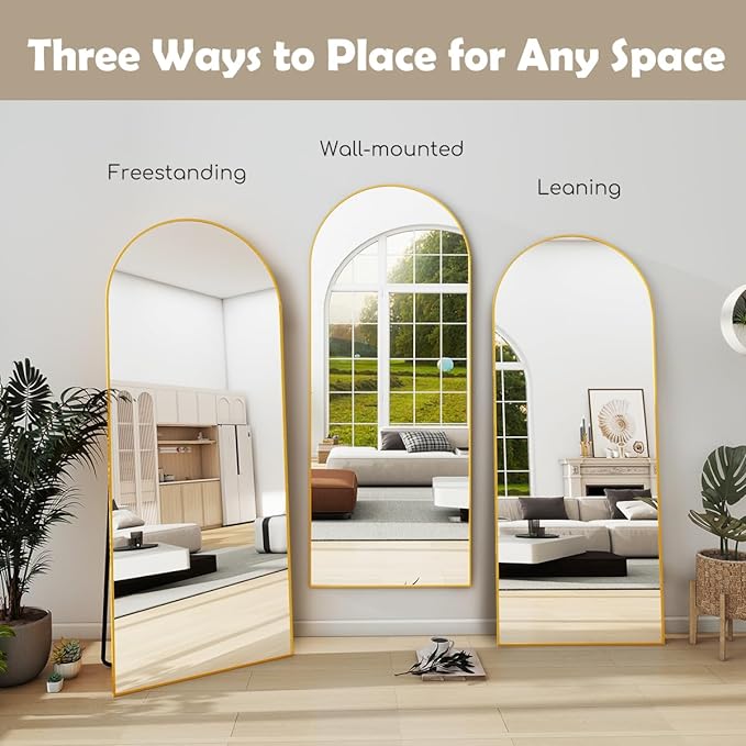 Arched Full Length Mirror, 64 "x 21" Floor Length Mirror with Stand, Wall Mounted Mirror, Standing Mirror with Aluminum Alloy Frame, Freestanding, Wall-Mounted or Leaning(Gold)