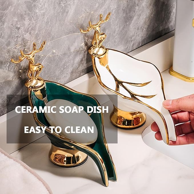 Leaf Shape Ceramic Soap Dish, Green+White, 9x6x5 IN, 0.66 lbs, Self-Draining, Bathroom, Kitchen, Sink, Countertop