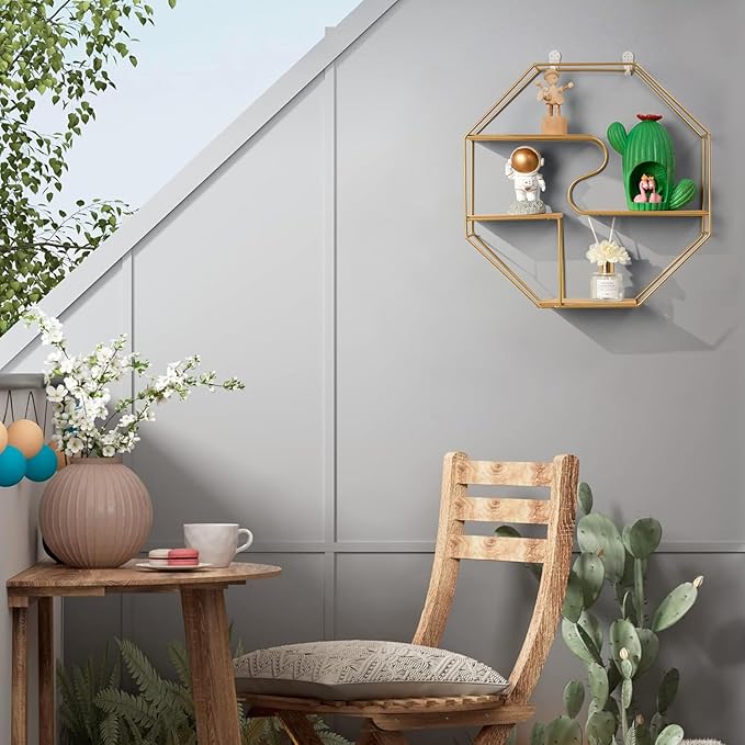 Gold Octagon Wall Mounted Metal Floating 3 Tier Shelf, Geometric Wall Shelves with Wire Frame and Wood Partition, Modern Simple Honeycomb Display Shelves Boho Decor for Bedroom, Living Room, Office
