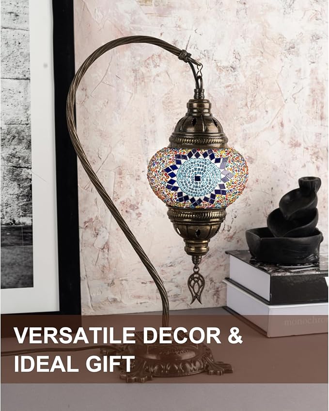 Kafthan Turkish Moroccan Mosaic Lamp – Handmade Glass Swan Neck Bedside Lamp with Antique Brass Base, Ideal Decor for Bedroom, Office, Living Room – Bulb Included (Blue & Navy Circles)