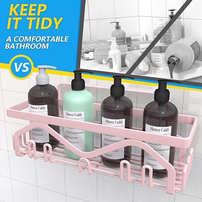 Coraje Shower Caddy - 5-Pack Adhesive Shower Organizer, Large Capacity Rustproof Stainless Steel Bathroom Organizer, Pink
