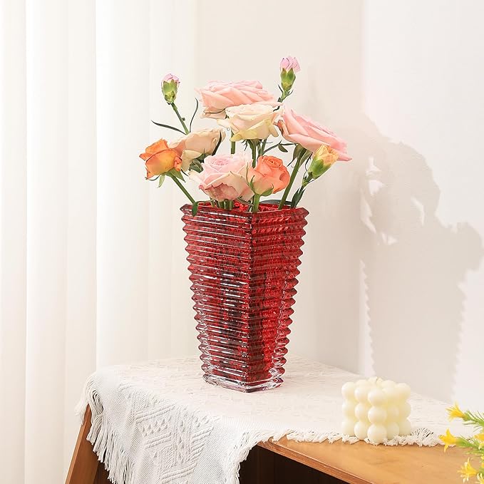 MCMCNCUIU Crystal Vase, Large Crystal Vases for Flowers, Large Flower Vase, Modern Red Vases for Living Room, Bedroom, Kitchen, Dining Table, Mantle, Wedding, 9 Inches