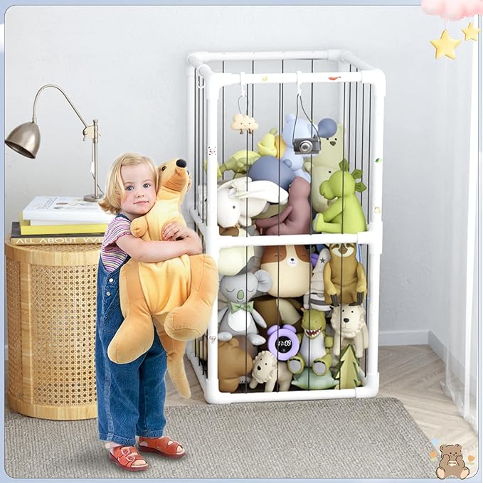Plush Stuffed Animal Storage Zoo Holder Standing, Kids Toy Storage Organizer Shelves Basket with Nets for Stuffed Animals, Play Room Decor Corner Toy Box Storage. (Thicker Tube)