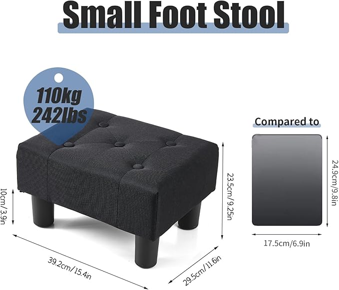 BRIAN & DANY Small Foot Stool, Linen Foot Stools with Legs, Stable Small Footstool for Living Room, Black