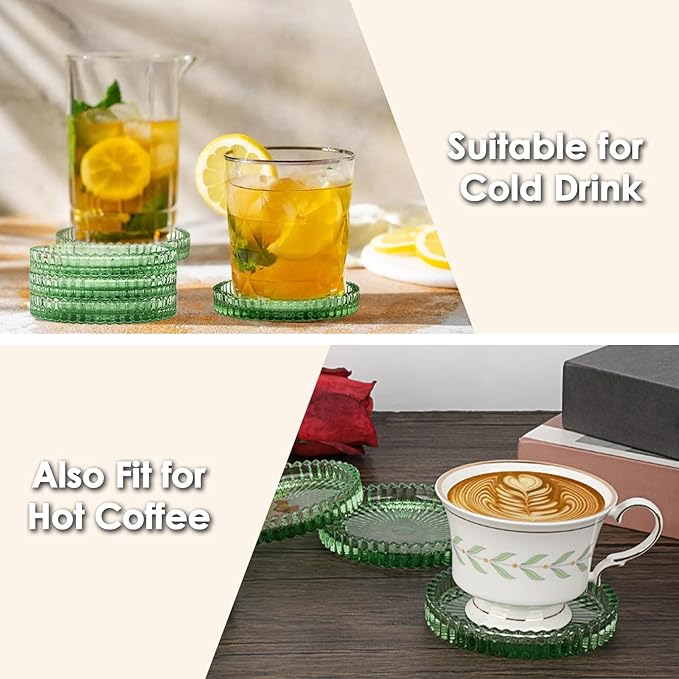 Modern Clear Coaster Set of 5- Glass Coasters for Drinks Crystal Coasters Round Cup Coasters Coffee Table Decor for Office, Kitchen, Bar, Dining Room, Living Room, Patio(Clear Green)
