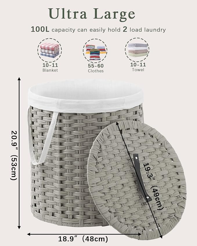Laundry Hamper with Lid Wicker Laundry Hamper Round 26.5 Gal (100 L) Laundry Basket Handwoven Rattan Laundry Basket with Removable Bag Handles 2 Mesh Bags for Living Room Bedroom Gray