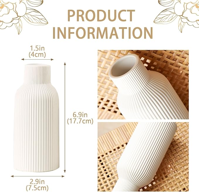 White Ceramic Flower, Pampas Grass Vase - Small Modern Bohemian Centerpiece for Dining Table, Mantel or Shelf Decor