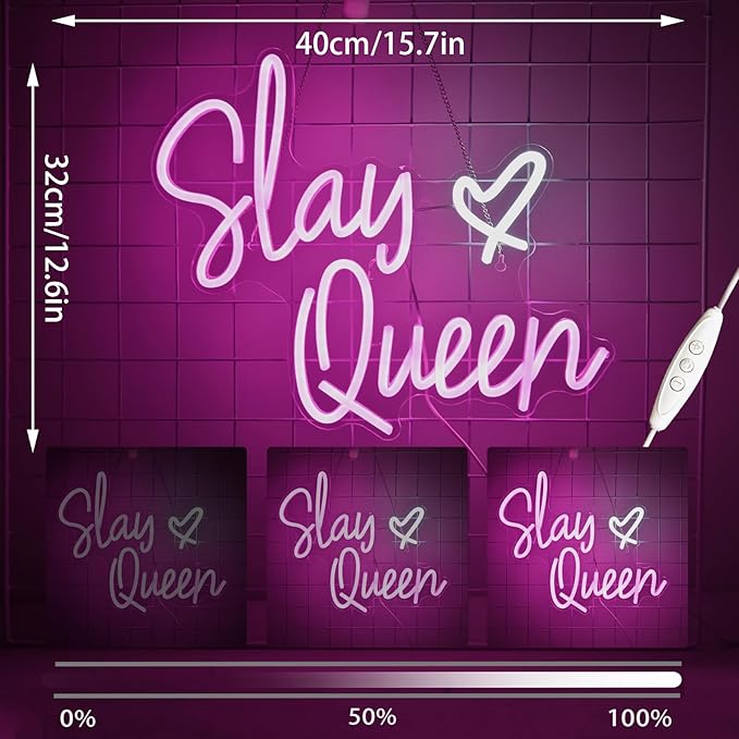 Slay Queen Neon Sign Pink Led Neon Signs Girls Bedroom Neon Lights For Wall Decor Dimmable Light Up Sign For Bar Party Preppy Room Y2k Club Decoration Teen Gifts (15.7 * 12.6in)