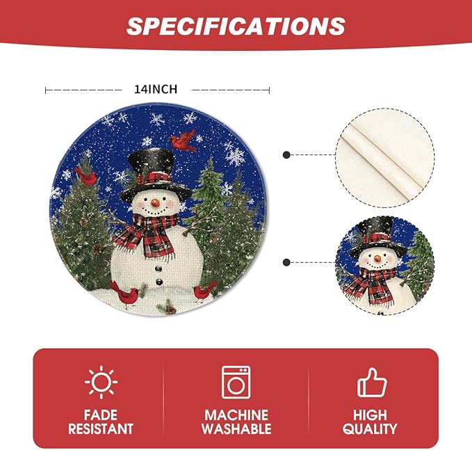 Artoid Mode Snowman Trees Snowflakes Blue Christmas Round Placemats Set of 4, 14 Inch Winter Round Table Mats for Dining Decoration
