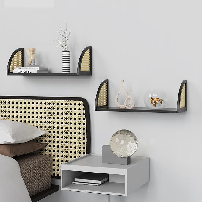 Rattan Wall Shelf 16inch Floating Shelves Rustic Wood Wall Mounted Storage Shelves for Living Room Bathroom Kitchen Boho Wall Decor,Black