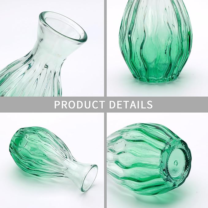 Mapoxy Glass Bud Vases Set of 4,Small Green Flower Vases for Wedding Centerpiece Table Decorations,Clear Vintage Embossed Mini Vases,Flower Arrangements in Vases for Party or Home Decor