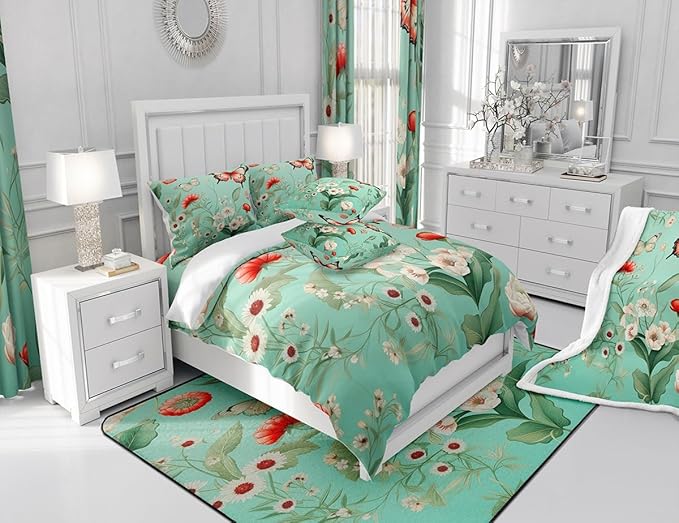 Feelyou Floral Flower Fabric Shower Curtain Red Butterfly Shower Curtain for Teens Green Bathroom Waterproof Accessories with 12 Hooks Flower Botanical Curtains,72x84 Inches