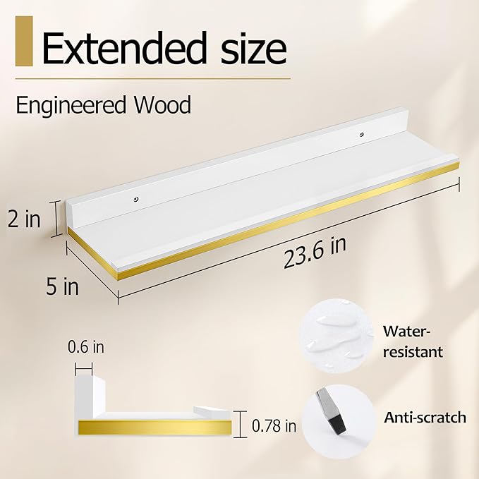 Gronda Floating Shelves for Wall with Ledge,White and Gold Picture Ledge Shelf Floating Shelves with Lip, 23.6 Inch Long Storage Shelves Wall Mounted for Bathroom Kitchen Bedroom Shelf Decor,Set of 2
