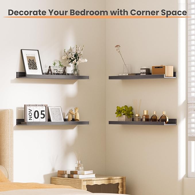 upsimples Floating Shelves for Wall, Wood Mounted Shelf Decor Storage Set of 6, for Bedroom, Living Room, Bathroom, Kitchen, 23.6 inch Long Picture Ledge, Grey