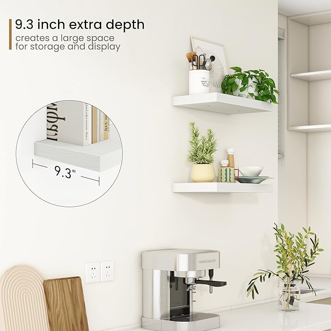 Fun Memories Deep Floating Shelves - 16" W x 9" D x 1.6" H Rustic White Wall Shelf - Wall Mounted Shelves for Storage - Wooden Shelves with Invisible Brackets for Living Room, Farmhouse - Set of 2