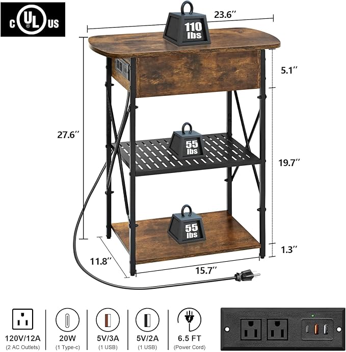 Narrow End Table with Charging Station, Side Table with 3 USB Ports and 2 AC Outlets, Flip Top End Table with Storage, Nightstand with Drawer, Side Tables Living Room, Bedroom, Brown