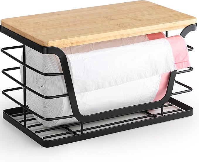 Small Grocery Bag Holder, Stainless Steel Trash Bag Holder with Bamboo Top, Size for a 100 Count Roll of 13 Gallon Garbage Bags, Black