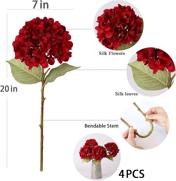 mizii 4Pcs Burgundy Artificial Hydrangea Flowers Large Fake Silk Hydrangea Flower with Leaves Stems Realistic Faux Hydrangeas Decorations for Wedding Table Centerpieces Vase Home Decor (Burgundy)