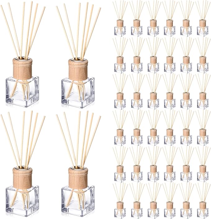 Roshtia 40 Set Reed Diffuser Bottle Empty Refillable Fragrance Glass Diffuser Bottles with Wooden Caps Rattan Sticks 50ml 1.7 oz Glass Jars for DIY Fragrance