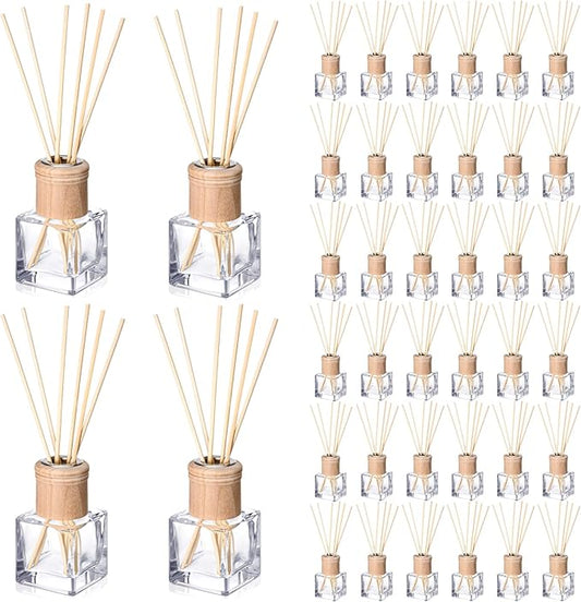 Roshtia 40 Set Reed Diffuser Bottle Empty Refillable Fragrance Glass Diffuser Bottles with Wooden Caps Rattan Sticks 50ml 1.7 oz Glass Jars for DIY Fragrance