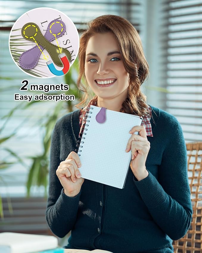 Leather Magnetic Bookmarks, 4Pcs Dark Morandi Magnet Book Mark Clips Gift for Women, Kids, Reading Book Lovers, Teacher Gift for School Office Home Supplies Father's Day Gift (Blue+Green+Purple+Pink)