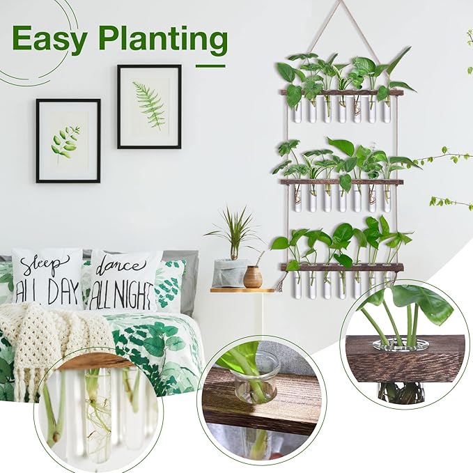 XXXFLOWER Wall Hanging Propagation Station with Wooden Stand 21 Glass Test Tubes 3 Tiered Planters Wall Terrarium for Home Office Plant Hanger Flower Vases Wall Decor Hydroponic Cuttings Brown
