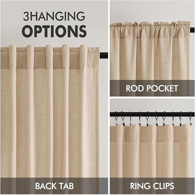 MIULEE Non-See-Through Privacy Linen Curtains 2 Panels, Light Filtering Window Curtains Farnhouse Textured Back Tab Semi Sheer Drapes for Bedroom Living Room, 52 x 72 Inches Long, Light Brown