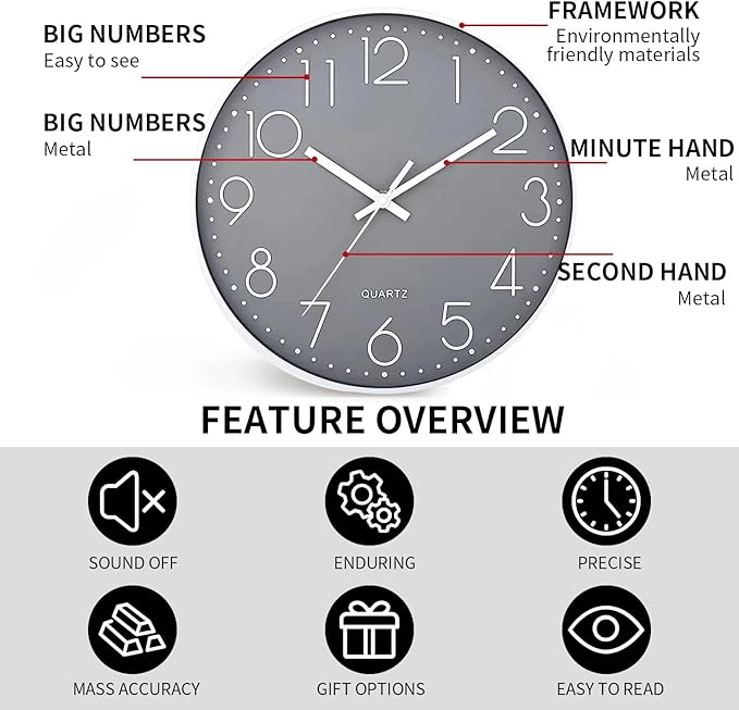 Wall Clock Silent & Non Ticking Modern Quartz Battery Operated Digital Quiet Sweep Office/Home/School/Kitchen Decor Clocks 9 Inch