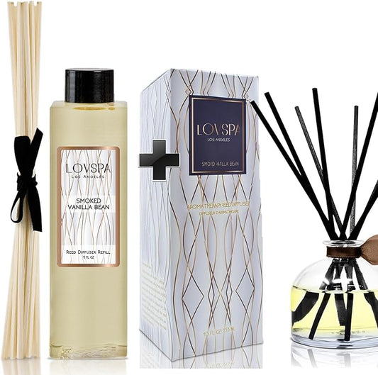 LOVSPA Smoked Vanilla Bean Reed Diffuser Refill, 4 oz, Bundle with Smoked Vanilla Bean Reed Diffuser Set - Made with Essential Oils in The USA