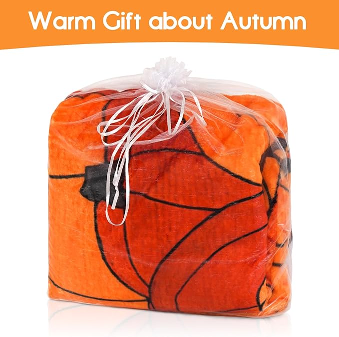 Fall Thanksgiving Blankets,Cat Orange Pumpkin Maple Leaf Farmhouse Blanket Throw, Flannel Fleece Throw Blanket for Home Living Room Couch Bed Chair or Dorm Decor 60"x50"