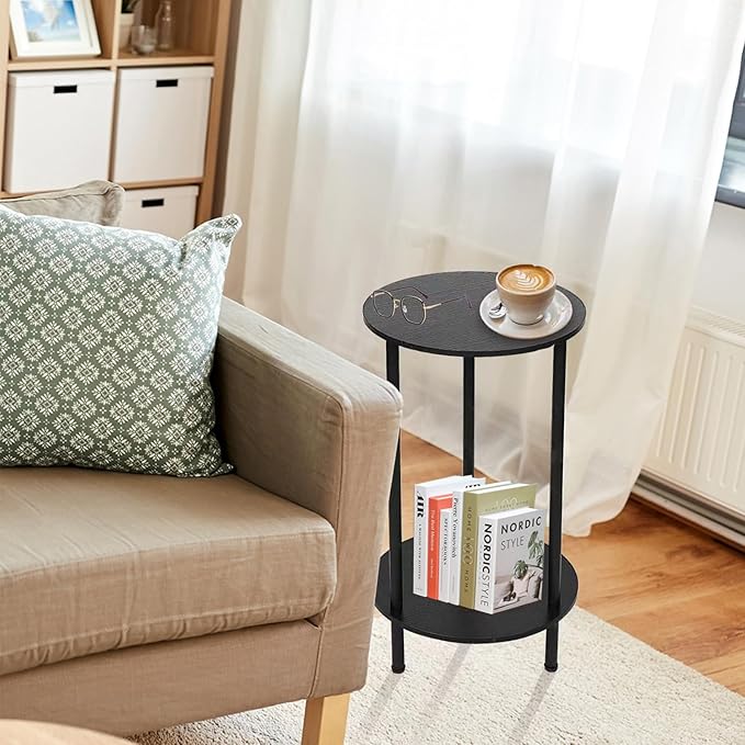 Round Side Table Set of 2, 2-Tier End Table, Small Round Nightstands with Storage Shelf, Modern Accent/Coffee/Bedside Table for Living Room, Bedroom-Black
