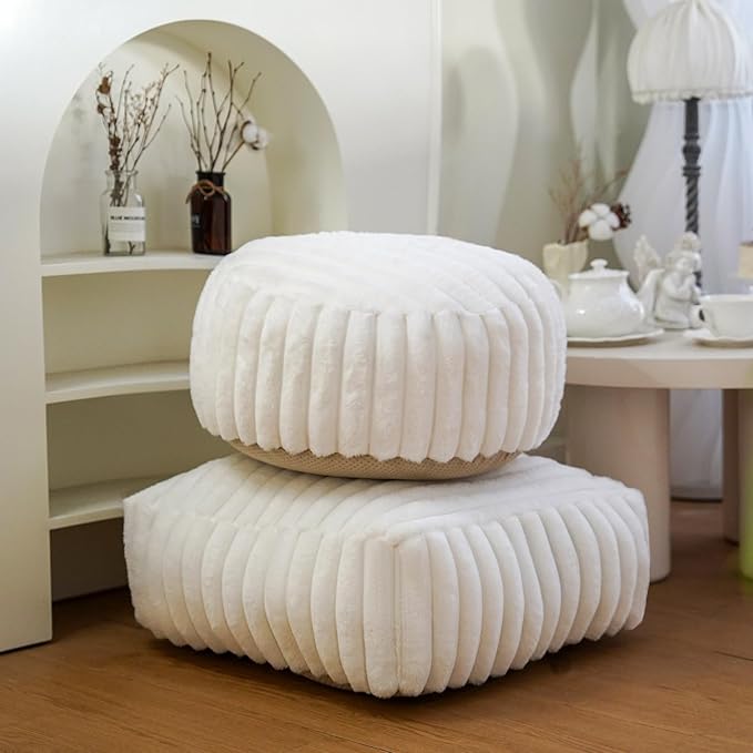 Unstuffed Pouf Ottoman Cover Soft Storage Extra Seat Farmhouse Comfortable Bohemian Poufs Accent Footrest 20x20x8 Inches for Living Room Bedroom Study Nook (White, Round)