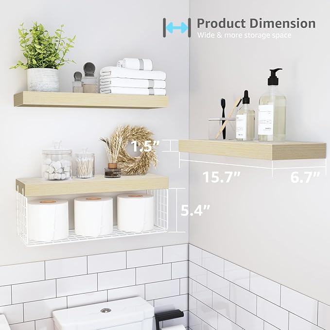 QEEIG Bathroom Shelves Over Toilet - Wall Mounted Floating Shelves Toilet Paper Storage Small Farmhouse Decor Shelf 16 inch Set of 3, Natural (019-BNW3)