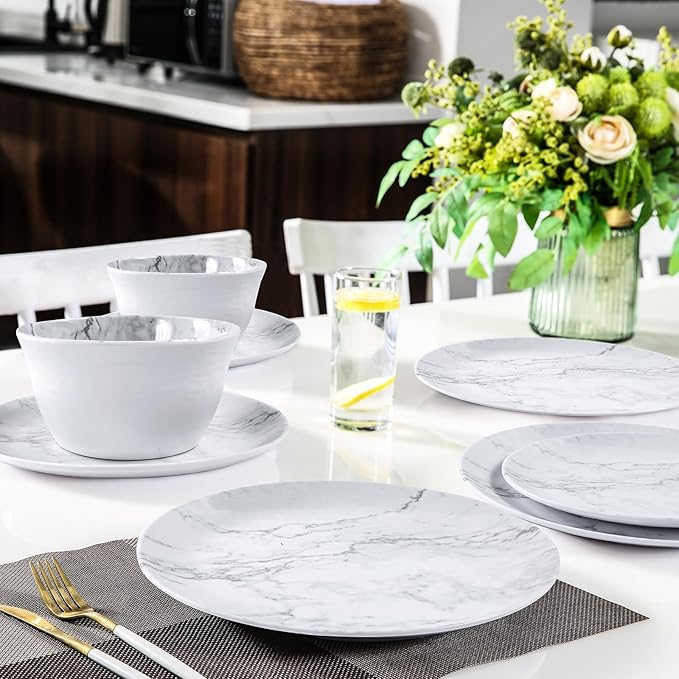 12-Piece Melamine Dinnerware Sets, Modern White Round Dish Set for 4 - Serving Plates and Bowls Sets for Snack, Dessert, Salad, Soup, Pasta - White Marble Pattern